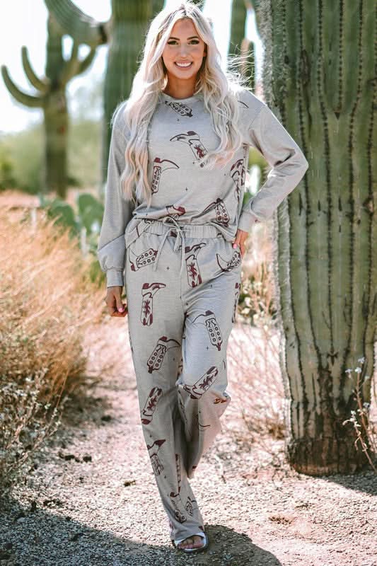 Women Printed Long Sleeve Top Pants Lounge Set - Love Salve